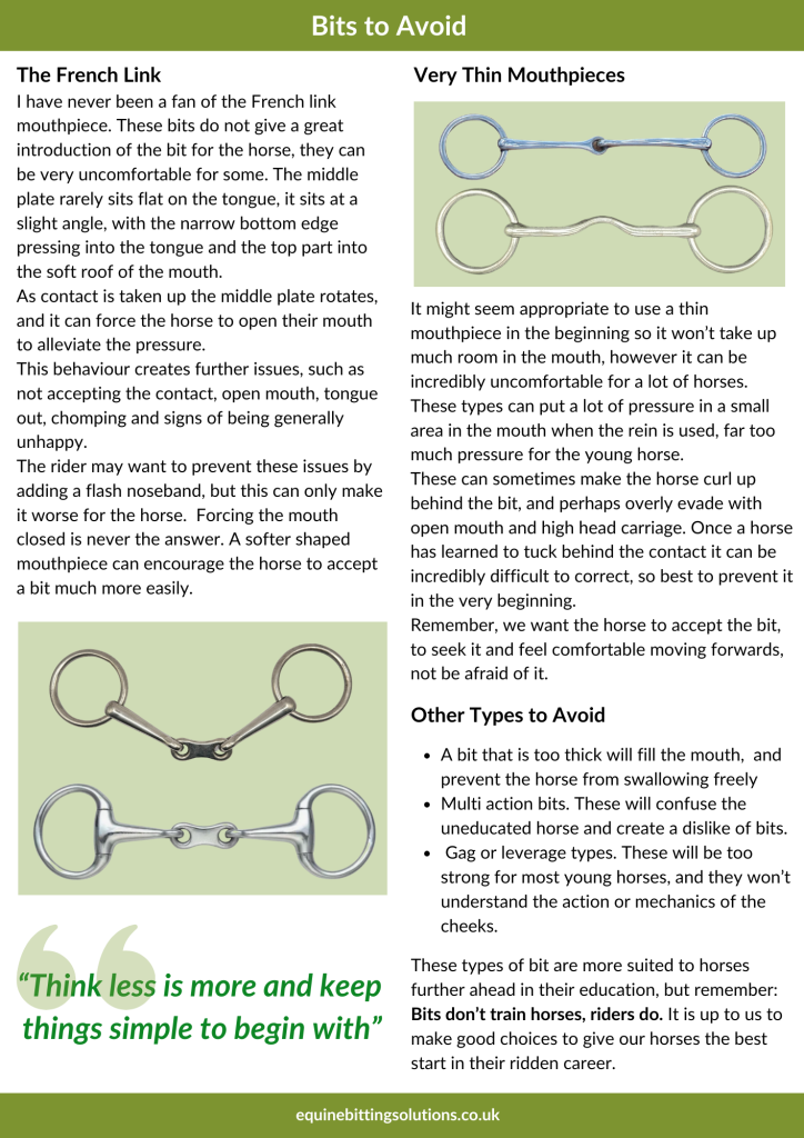 Inside page from Bits for Young Horses guide showing which bits to avoid for young horses