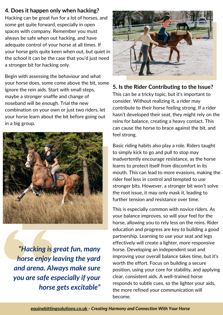 Inside page from Bits for a Strong Horse guide showing advice for strong horses when hacking and in company